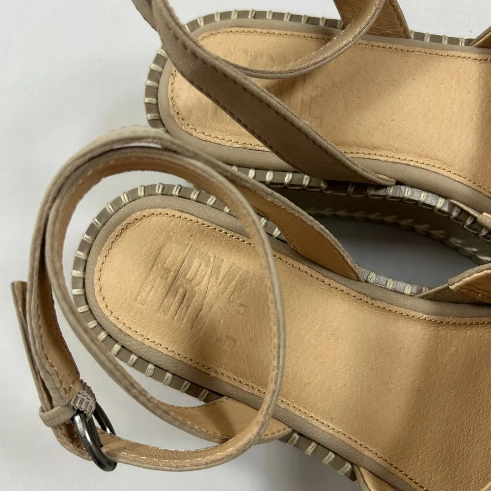 Frye Sandals Platform Wedge Womens 6M Clay Beige Leather Joy‎ Ankle Strap